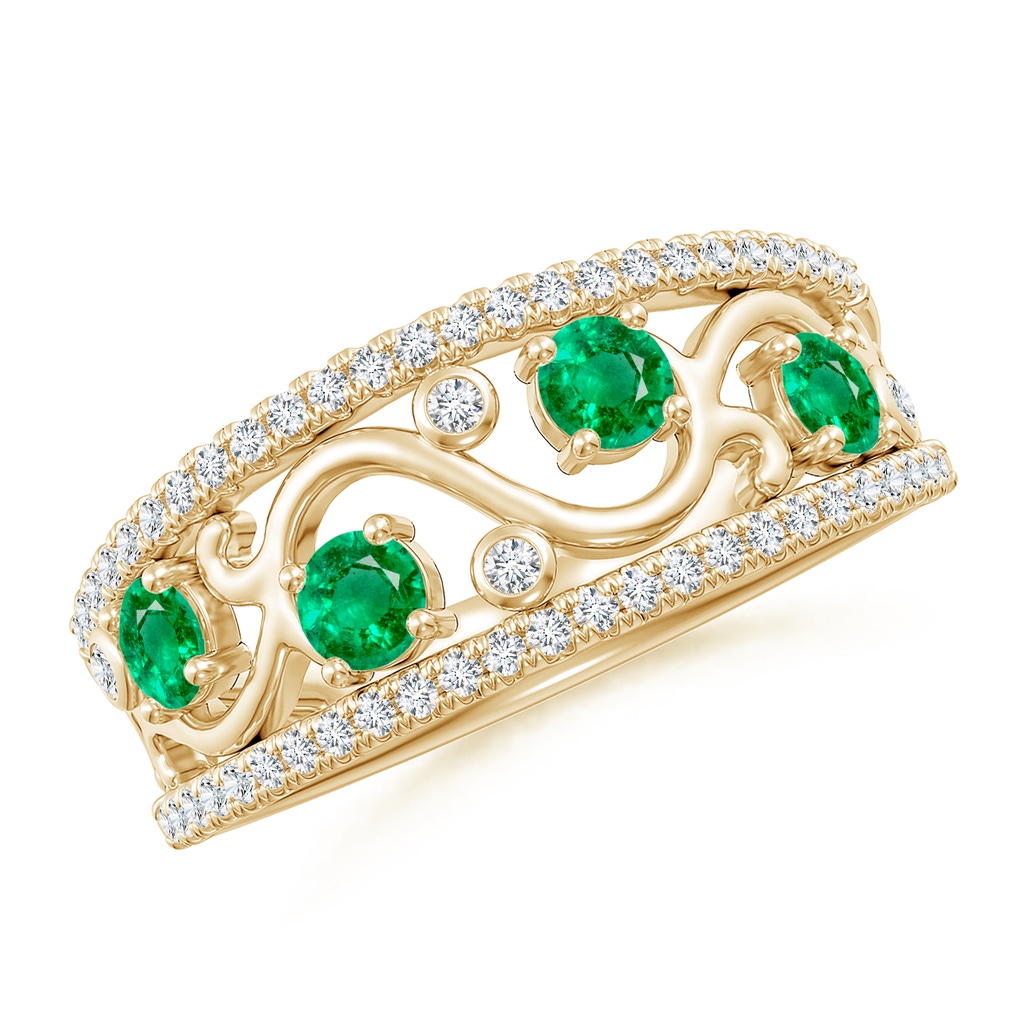 3mm AAA Nature Inspired Round Emerald & Diamond Filigree Band in Yellow Gold