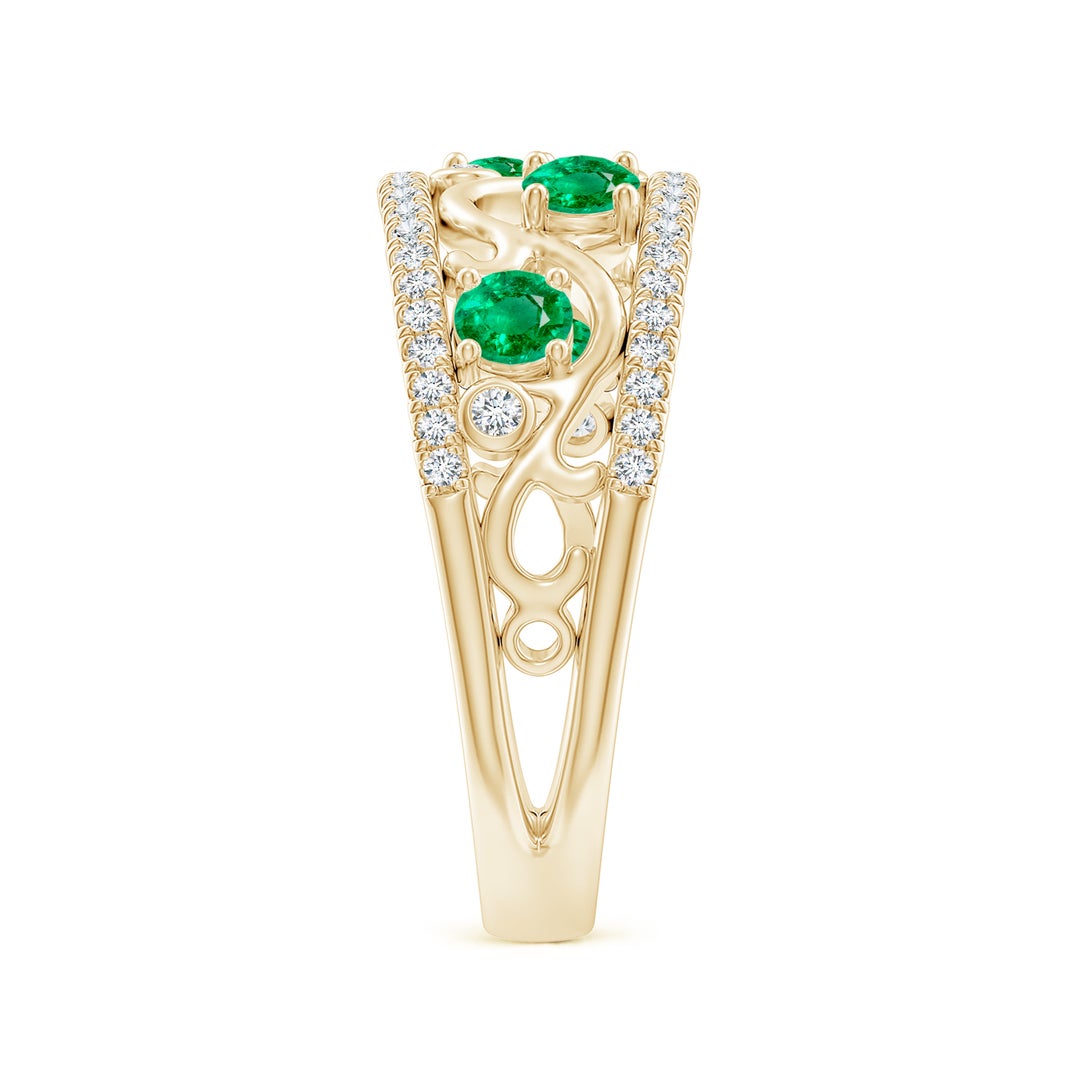 3mm AAA Nature Inspired Round Emerald & Diamond Filigree Band in Yellow Gold - side 3