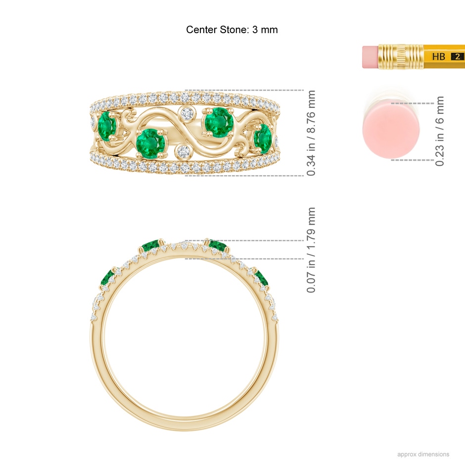 3mm AAA Nature Inspired Round Emerald & Diamond Filigree Band in Yellow Gold ruler