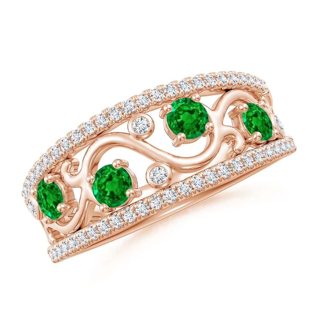 3mm AAAA Nature Inspired Round Emerald & Diamond Filigree Band in Rose Gold
