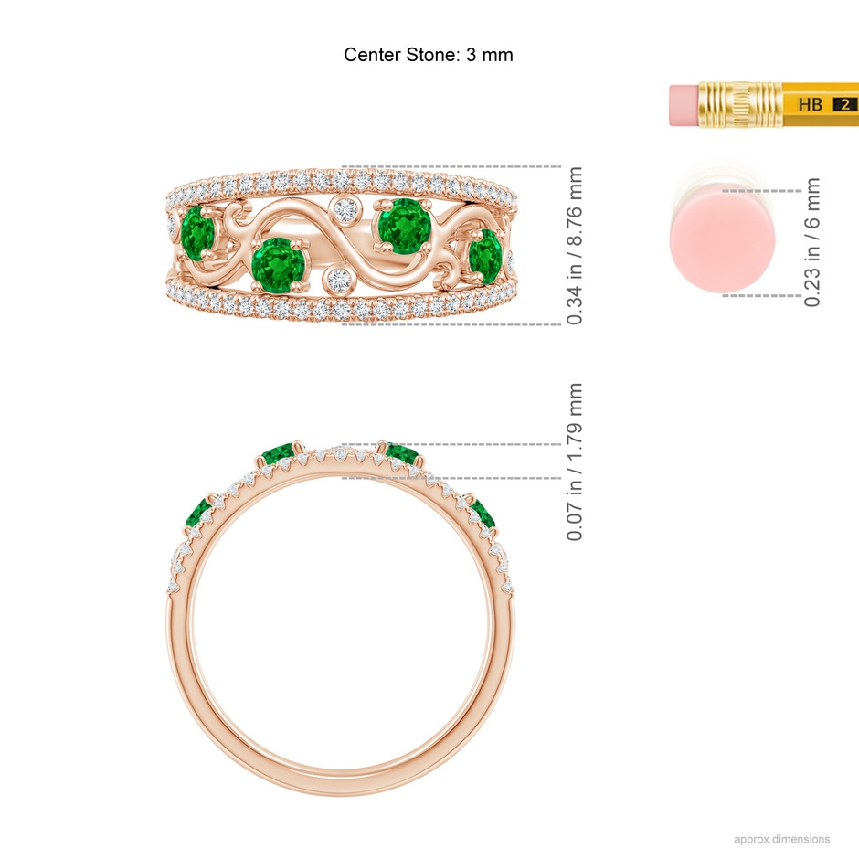 3mm AAAA Nature Inspired Round Emerald & Diamond Filigree Band in Rose Gold ruler