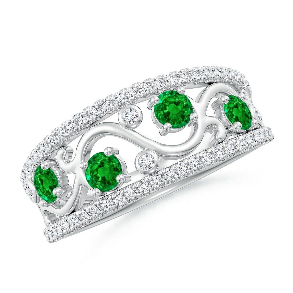 3mm AAAA Nature Inspired Round Emerald & Diamond Filigree Band in White Gold