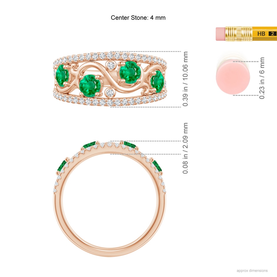 4mm AAA Nature Inspired Round Emerald & Diamond Filigree Band in Rose Gold ruler