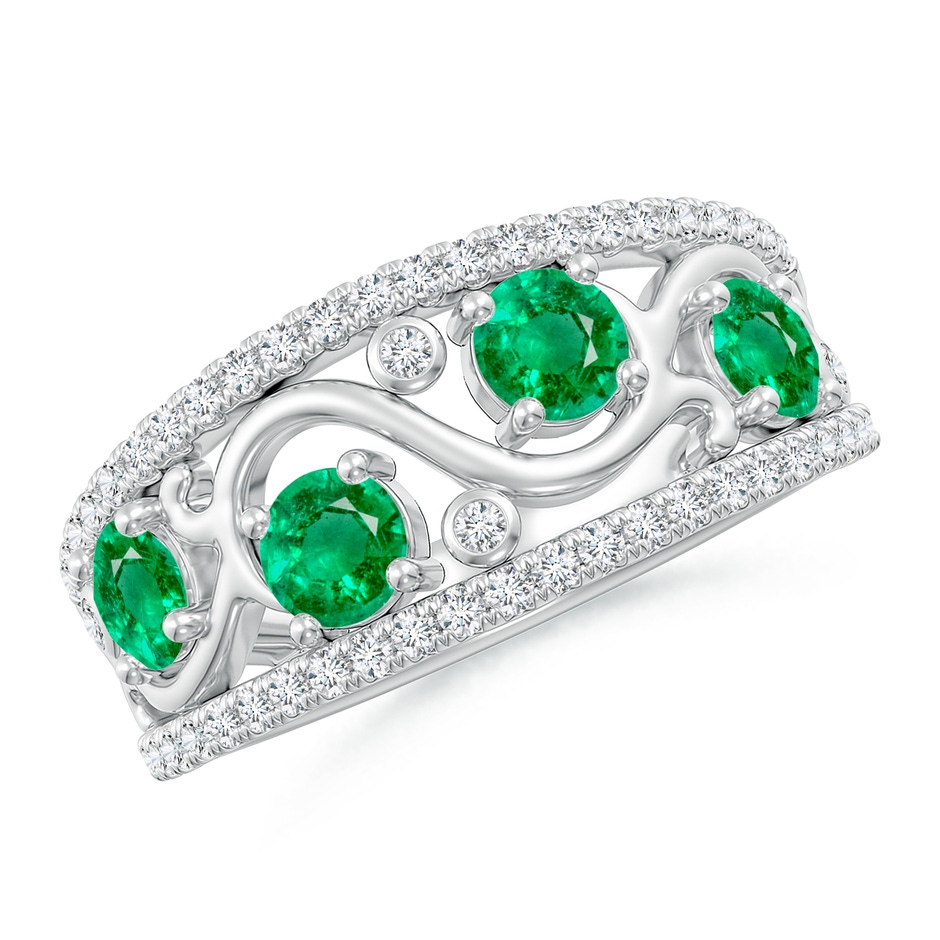 4mm AAA Nature Inspired Round Emerald & Diamond Filigree Band in White Gold 