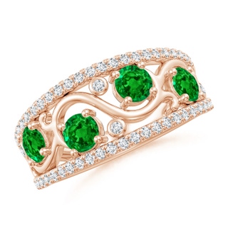 4mm AAAA Nature Inspired Round Emerald & Diamond Filigree Band in 9K Rose Gold