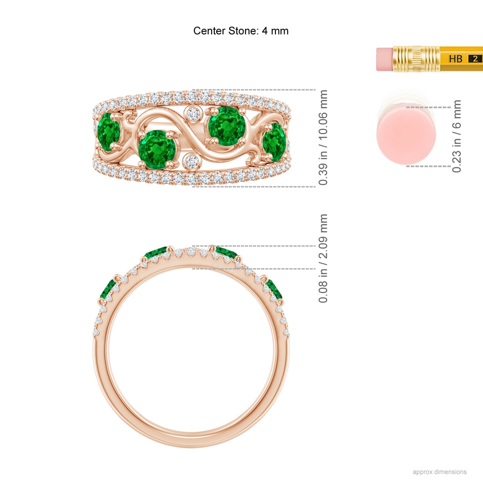 4mm AAAA Nature Inspired Round Emerald & Diamond Filigree Band in Rose Gold ruler