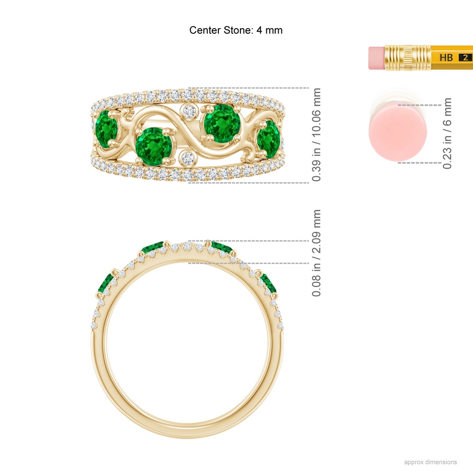 4mm AAAA Nature Inspired Round Emerald & Diamond Filigree Band in Yellow Gold ruler