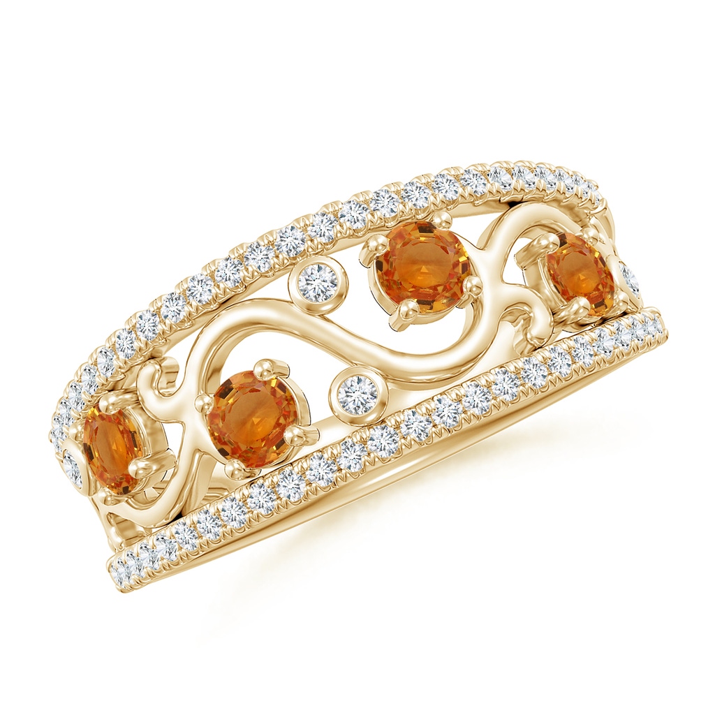 3mm AAA Nature Inspired Round Orange Sapphire & Diamond Filigree Band in Yellow Gold