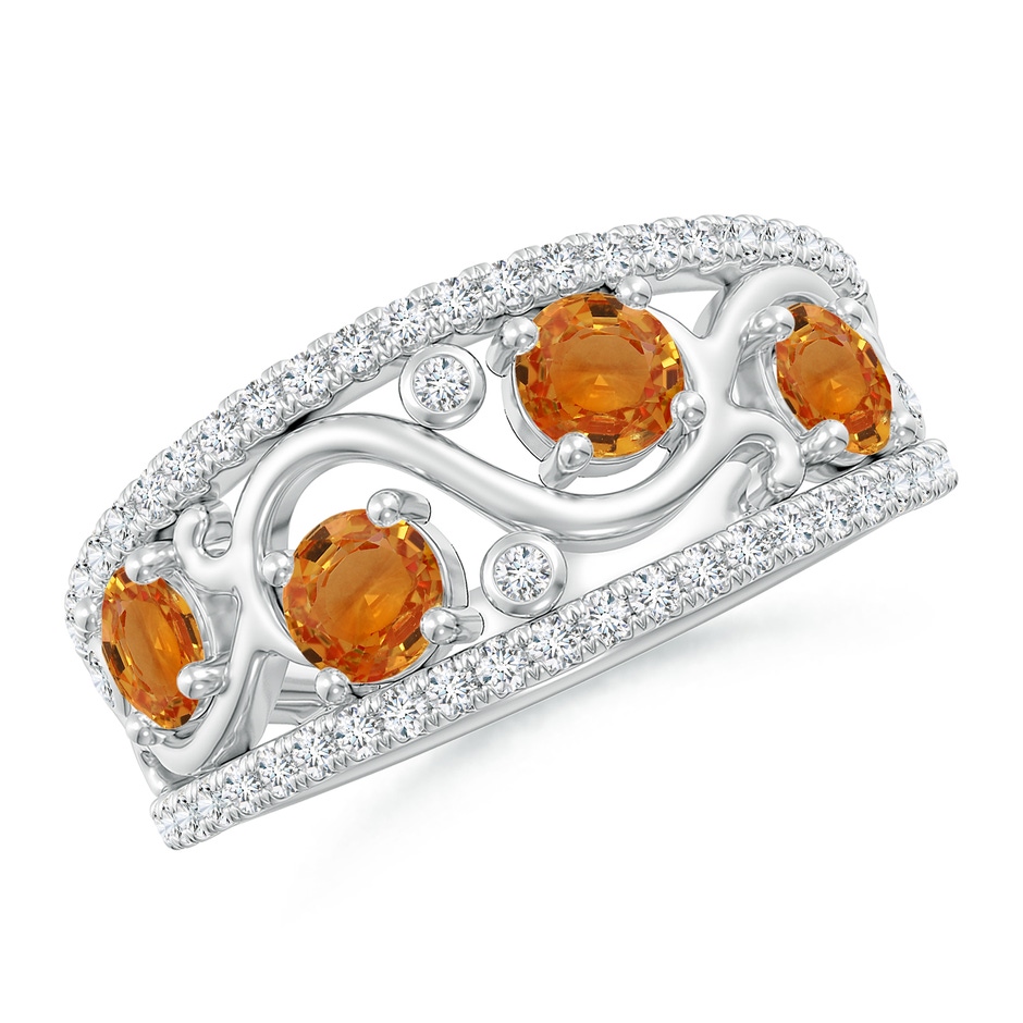 4mm AAA Nature Inspired Round Orange Sapphire & Diamond Filigree Band in White Gold 