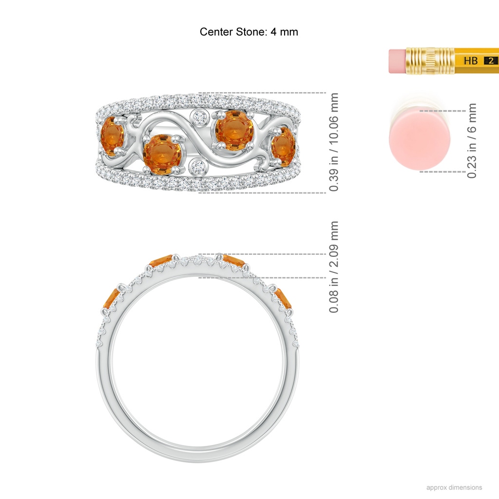 4mm AAA Nature Inspired Round Orange Sapphire & Diamond Filigree Band in White Gold Ruler