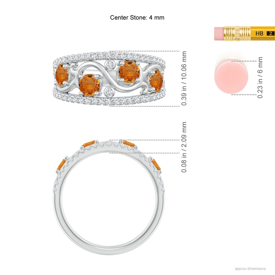 4mm AAA Nature Inspired Round Orange Sapphire & Diamond Filigree Band in White Gold ruler