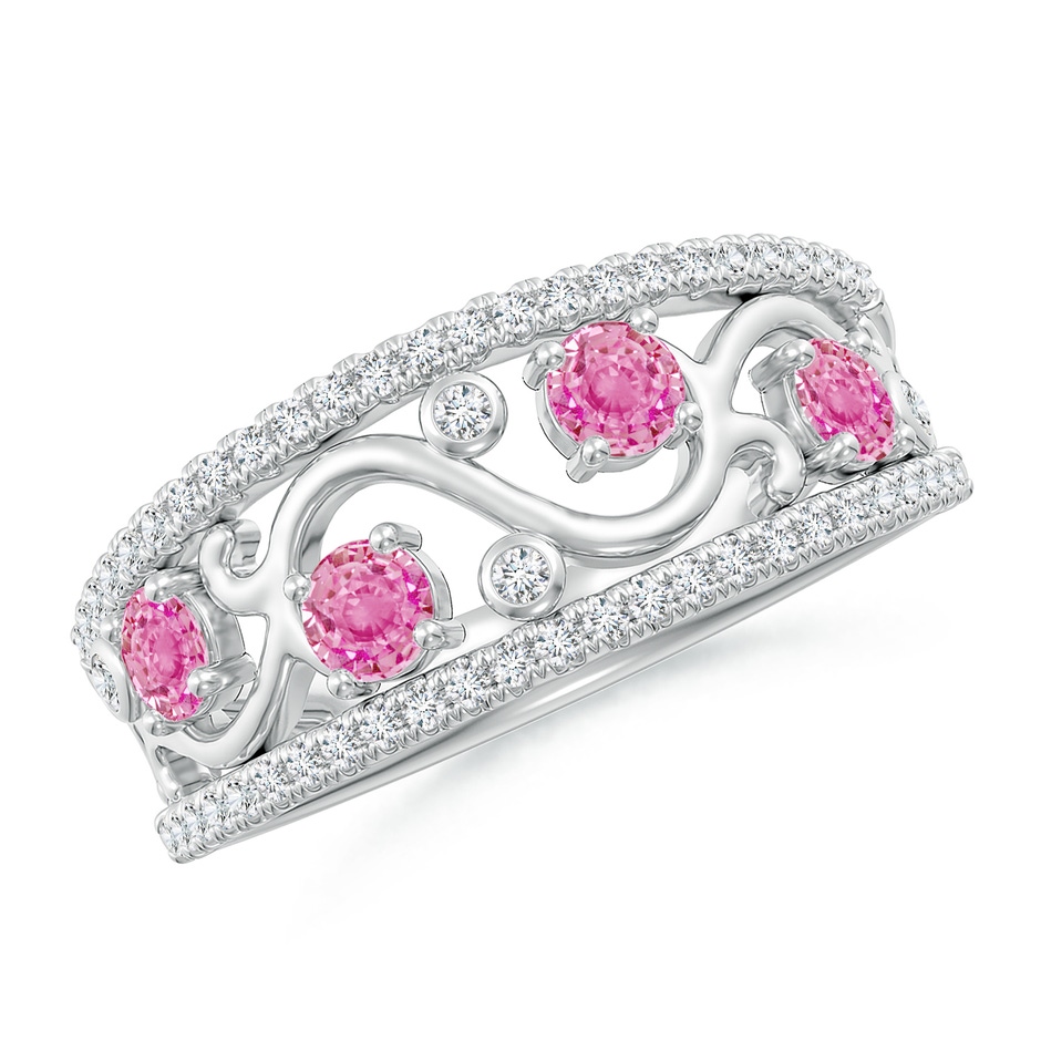 3mm AA Nature Inspired Round Pink Sapphire & Diamond Filigree Band in White Gold 