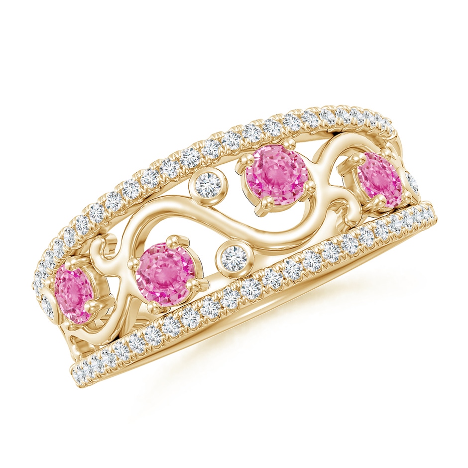 3mm AA Nature Inspired Round Pink Sapphire & Diamond Filigree Band in Yellow Gold 