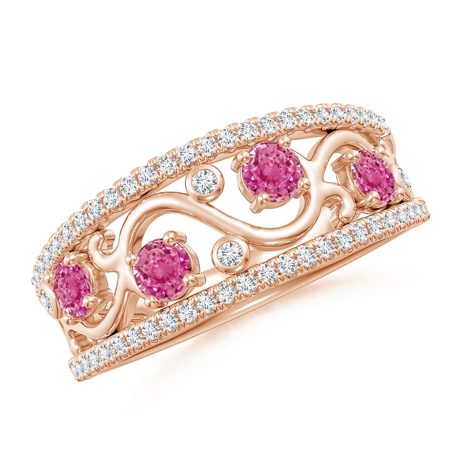 3mm AAA Nature Inspired Round Pink Sapphire & Diamond Filigree Band in Rose Gold 