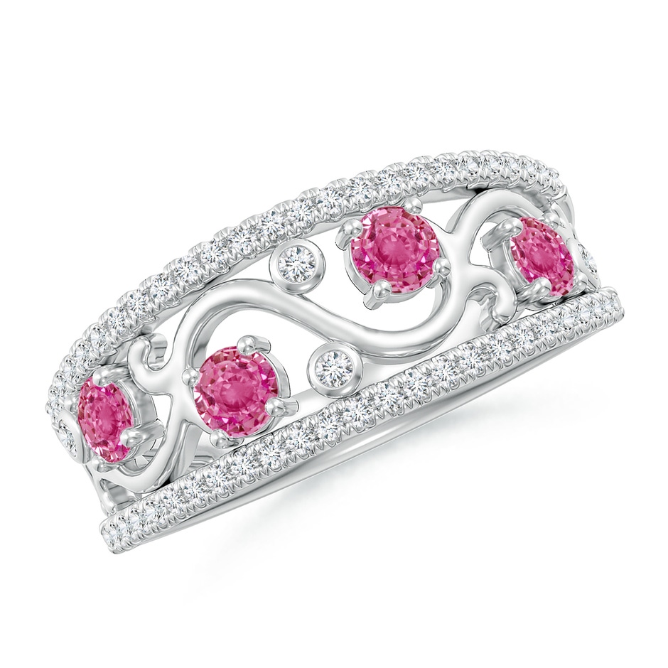 3mm AAA Nature Inspired Round Pink Sapphire & Diamond Filigree Band in White Gold 