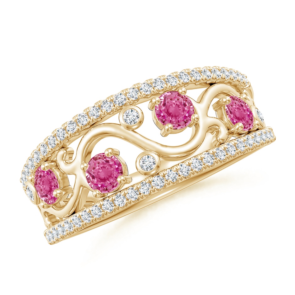 3mm AAA Nature Inspired Round Pink Sapphire & Diamond Filigree Band in Yellow Gold 