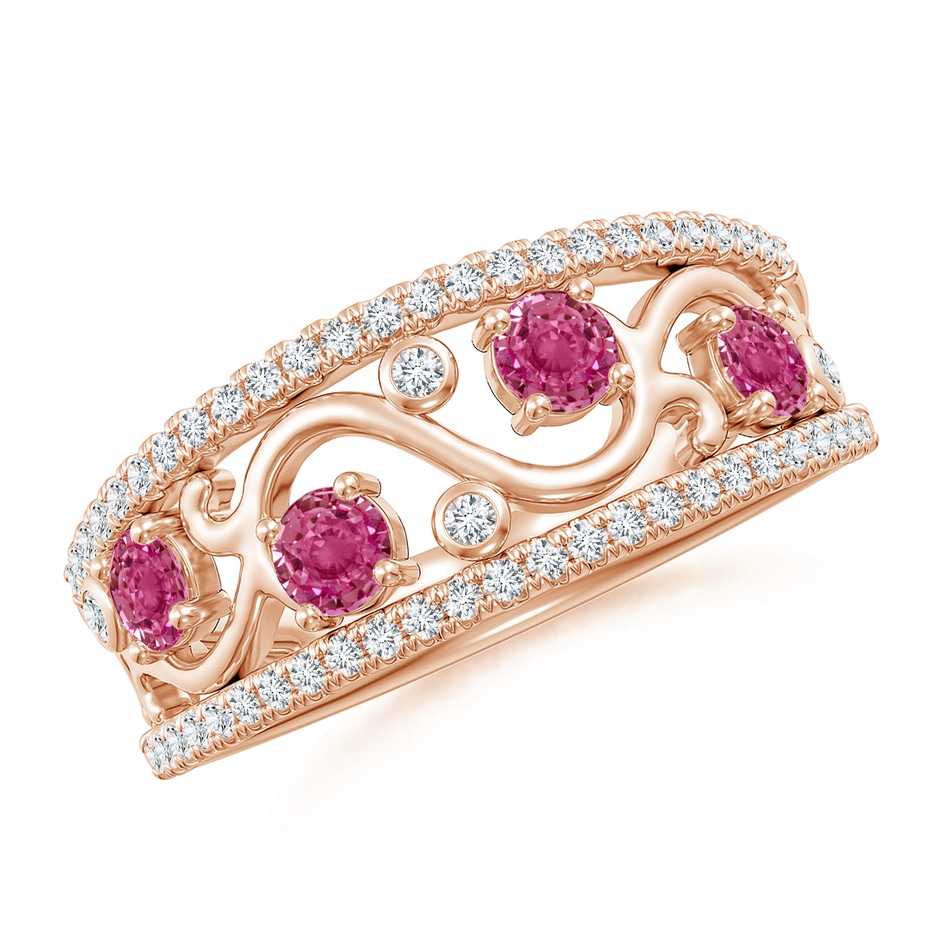3mm AAAA Nature Inspired Round Pink Sapphire & Diamond Filigree Band in Rose Gold 