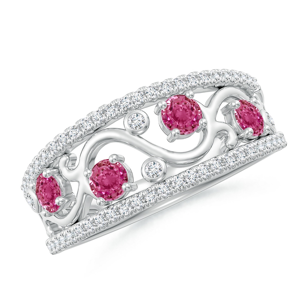 3mm AAAA Nature Inspired Round Pink Sapphire & Diamond Filigree Band in White Gold