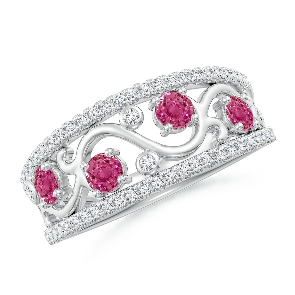 3mm AAAA Nature Inspired Round Pink Sapphire & Diamond Filigree Band in White Gold 