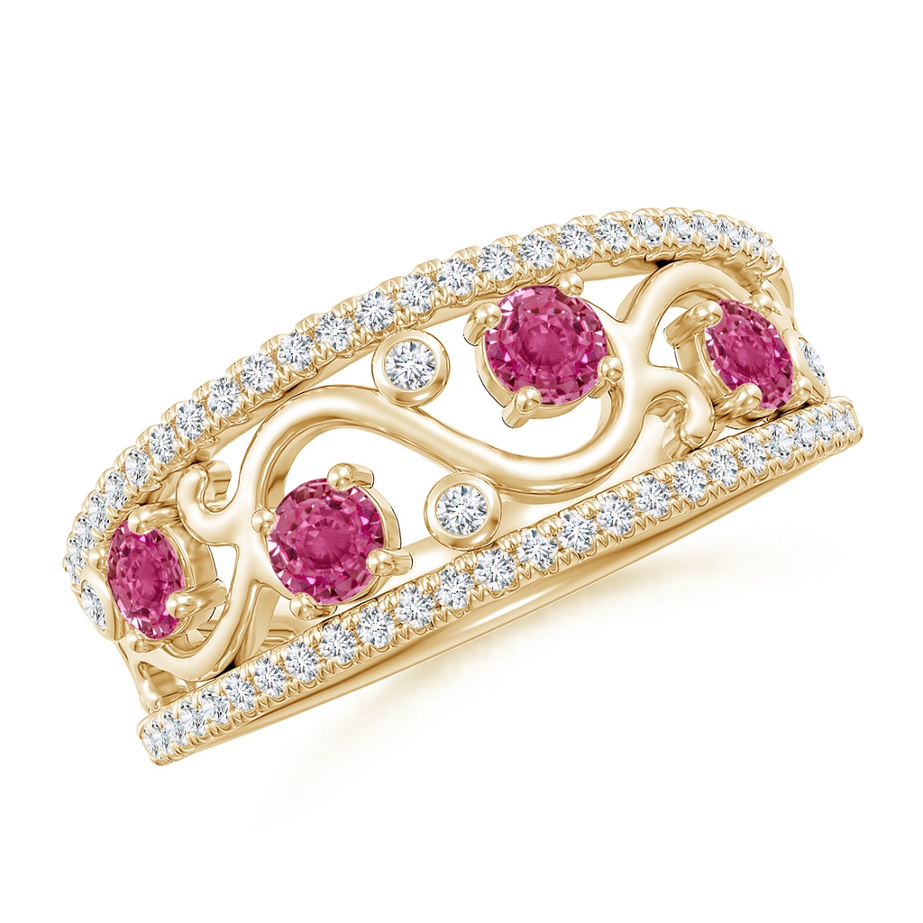 3mm AAAA Nature Inspired Round Pink Sapphire & Diamond Filigree Band in Yellow Gold