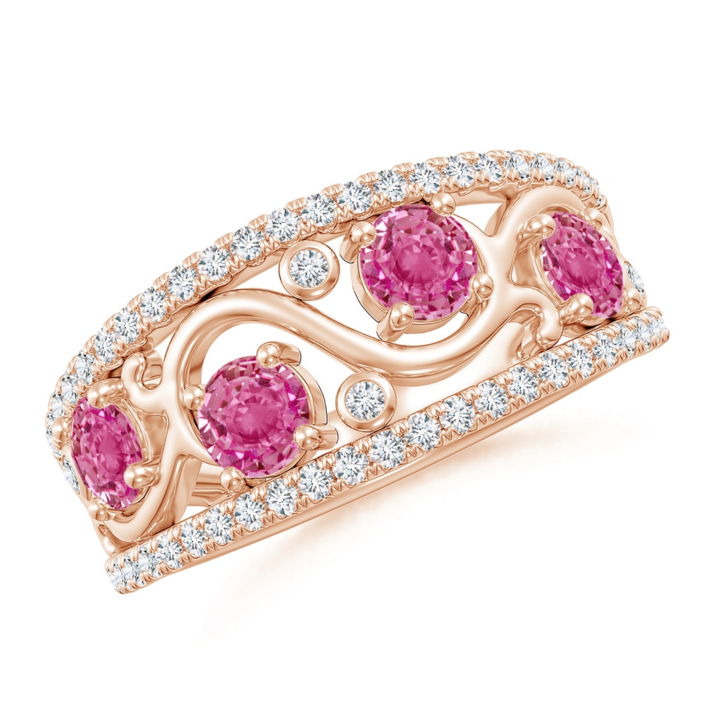 4mm AAA Nature Inspired Round Pink Sapphire & Diamond Filigree Band in Rose Gold