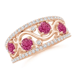 4mm AAAA Nature Inspired Round Pink Sapphire & Diamond Filigree Band in Rose Gold