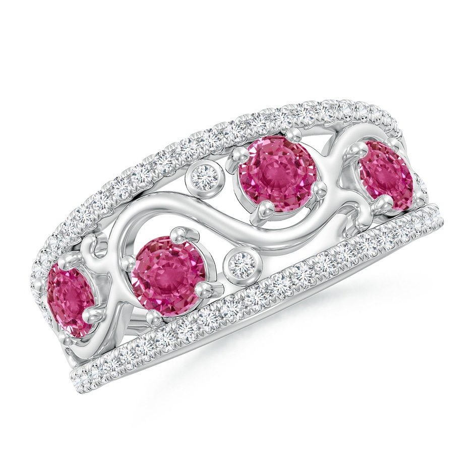 4mm AAAA Nature Inspired Round Pink Sapphire & Diamond Filigree Band in White Gold 