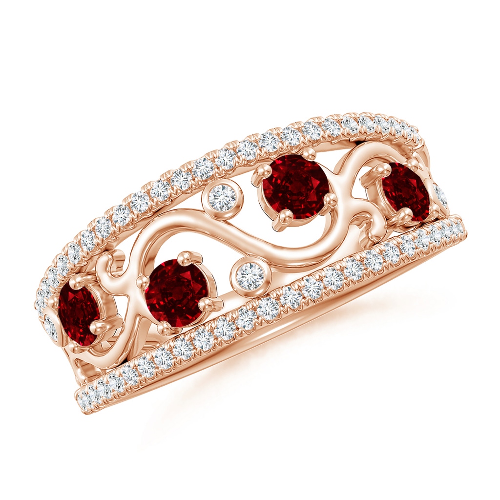 3mm AAAA Nature Inspired Round Ruby & Diamond Filigree Band in Rose Gold