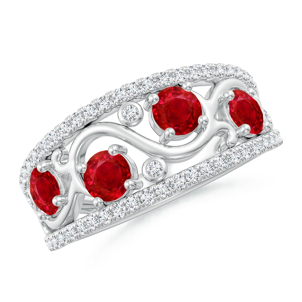 4mm AAA Nature Inspired Round Ruby & Diamond Filigree Band in White Gold