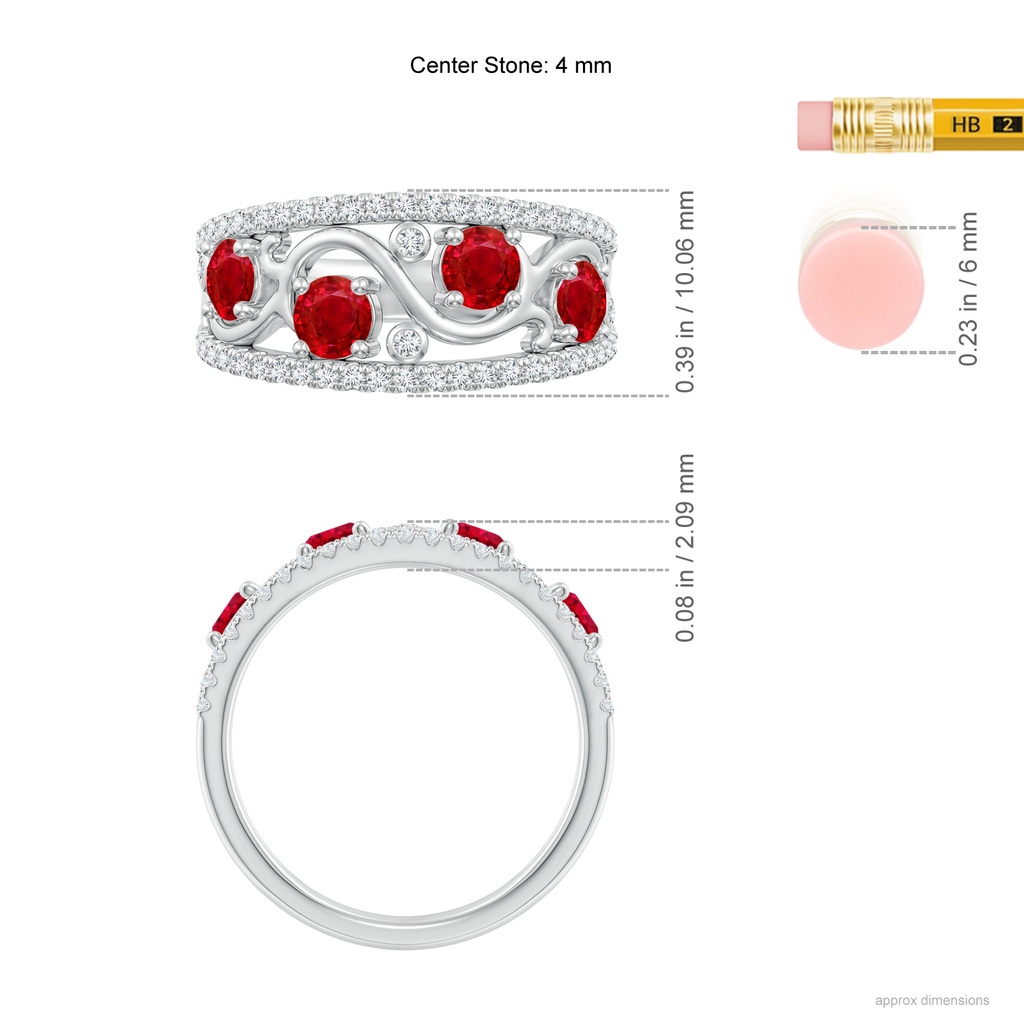 4mm AAA Nature Inspired Round Ruby & Diamond Filigree Band in White Gold Ruler