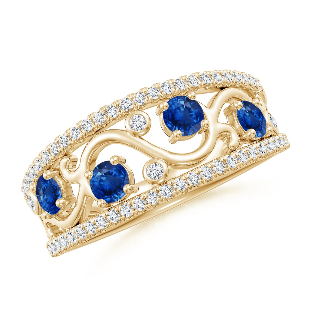 3mm AAA Nature Inspired Round Blue Sapphire & Diamond Filigree Band in Yellow Gold