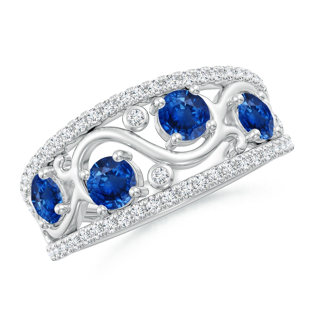 4mm AAA Nature Inspired Round Blue Sapphire & Diamond Filigree Band in White Gold