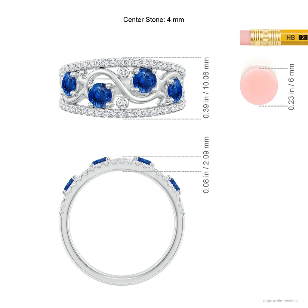 4mm AAA Nature Inspired Round Blue Sapphire & Diamond Filigree Band in White Gold Ruler