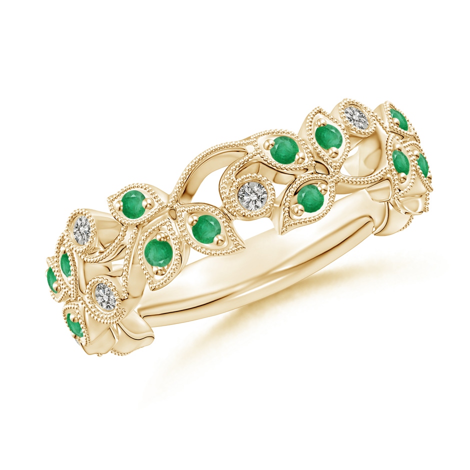 1.3mm A Nature Inspired Round Emerald & Diamond Vine Band in Yellow Gold 