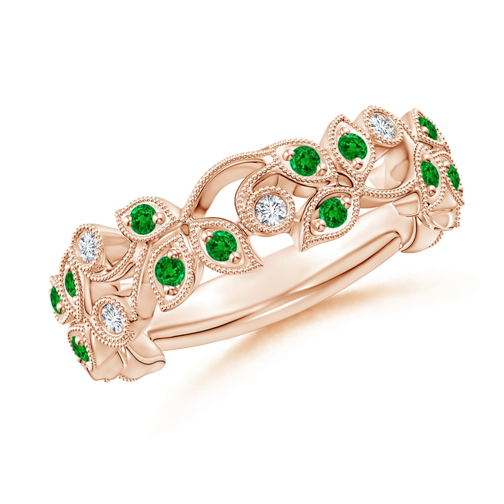 1.3mm AAAA Nature Inspired Round Emerald & Diamond Vine Band in Rose Gold