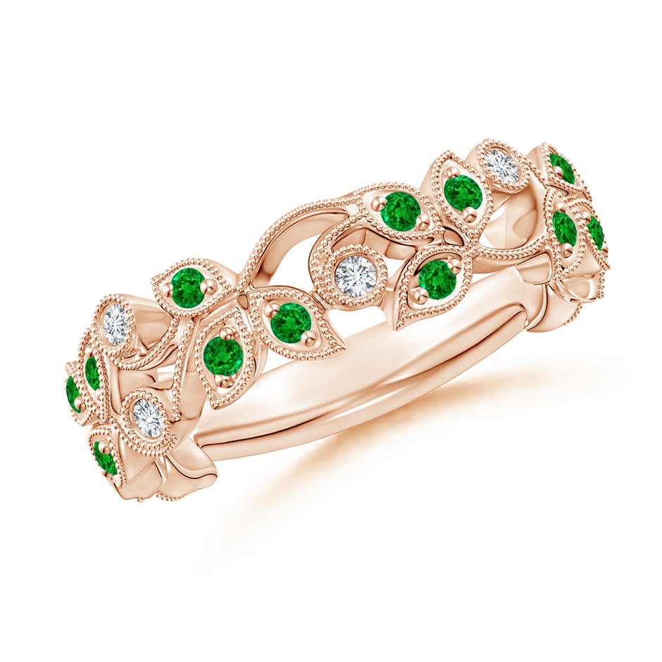 1.3mm AAAA Nature Inspired Round Emerald & Diamond Vine Band in Rose Gold 