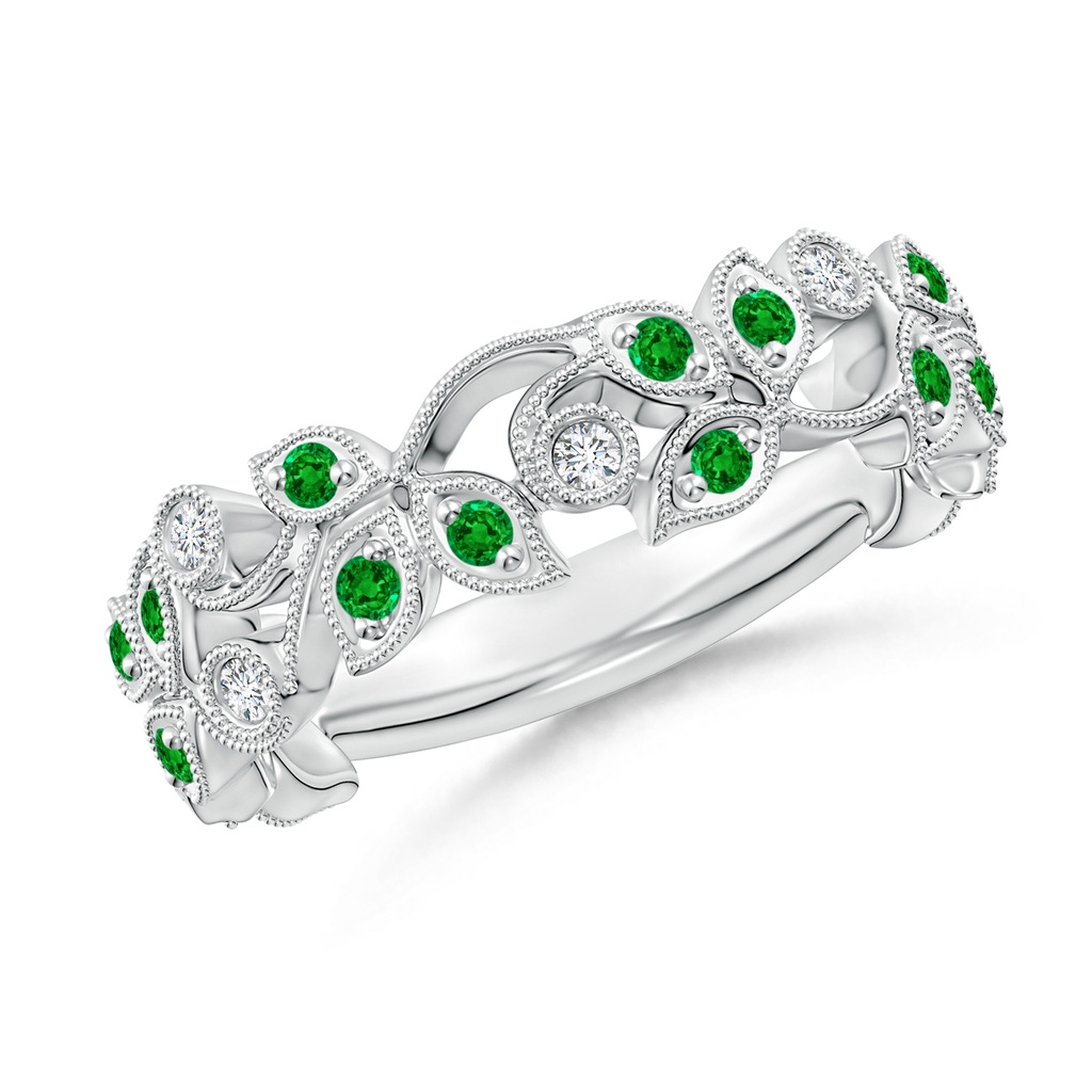 1.3mm AAAA Nature Inspired Round Emerald & Diamond Vine Band in White Gold