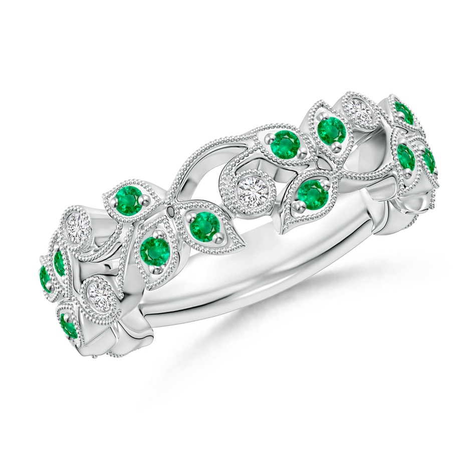 1.5mm AAA Nature Inspired Round Emerald & Diamond Vine Band in White Gold 