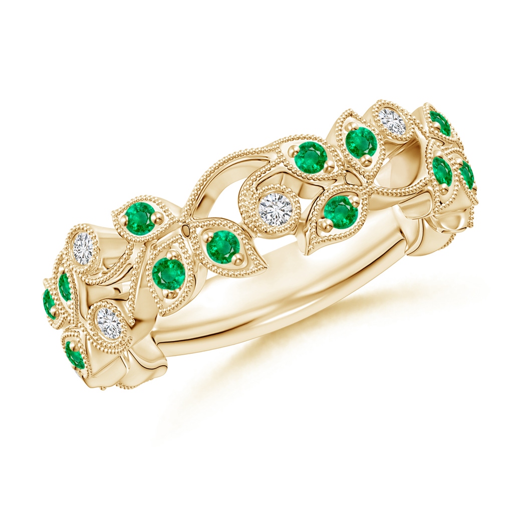 1.5mm AAA Nature Inspired Round Emerald & Diamond Vine Band in Yellow Gold