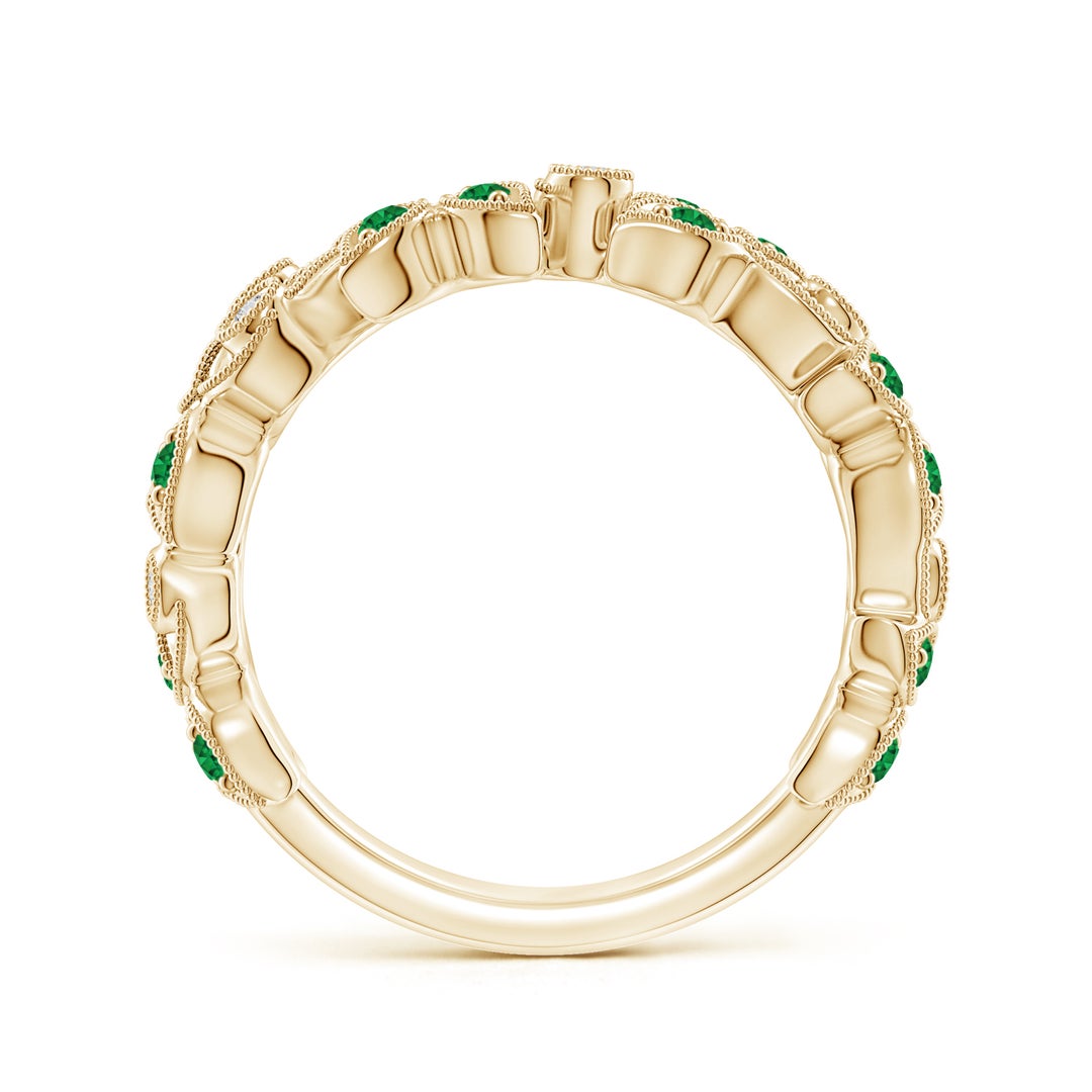 1.5mm AAA Nature Inspired Round Emerald & Diamond Vine Band in Yellow Gold - side 1