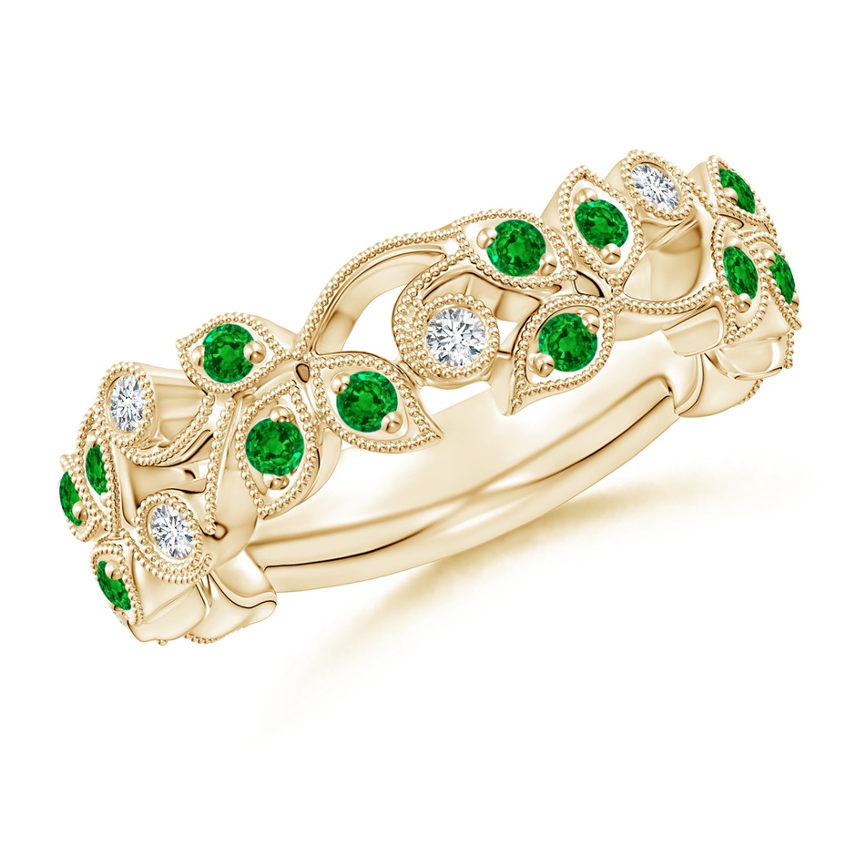 1.8mm AAAA Nature Inspired Round Emerald & Diamond Vine Band in Yellow Gold 