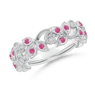 1.3mm AAA Nature Inspired Round Pink Sapphire & Diamond Vine Band in 9K White Gold