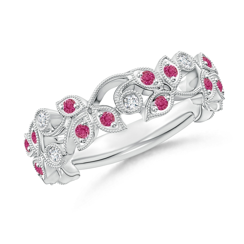 1.3mm AAAA Nature Inspired Round Pink Sapphire & Diamond Vine Band in White Gold