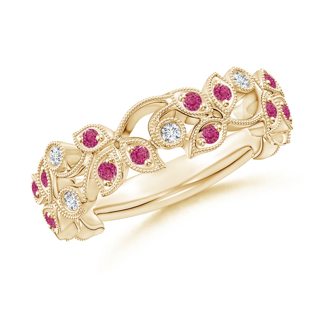 1.3mm AAAA Nature Inspired Round Pink Sapphire & Diamond Vine Band in Yellow Gold