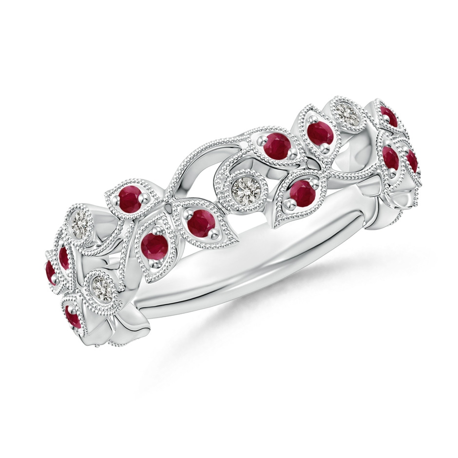1.3mm A Nature Inspired Round Ruby & Diamond Vine Band in White Gold 
