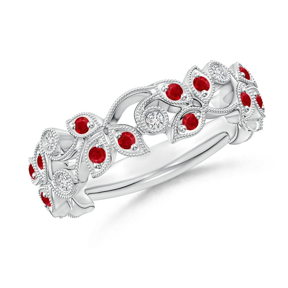 1.3mm AAA Nature Inspired Round Ruby & Diamond Vine Band in White Gold 