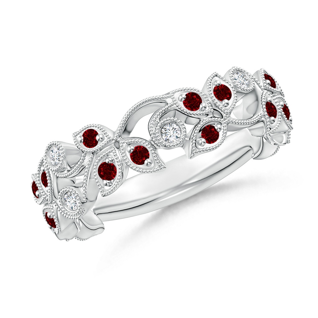 1.3mm AAAA Nature Inspired Round Ruby & Diamond Vine Band in White Gold