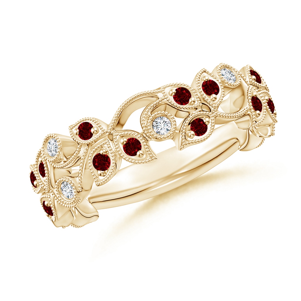 1.3mm AAAA Nature Inspired Round Ruby & Diamond Vine Band in Yellow Gold