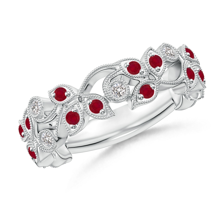 1.5mm AA Nature Inspired Round Ruby & Diamond Vine Band in White Gold 