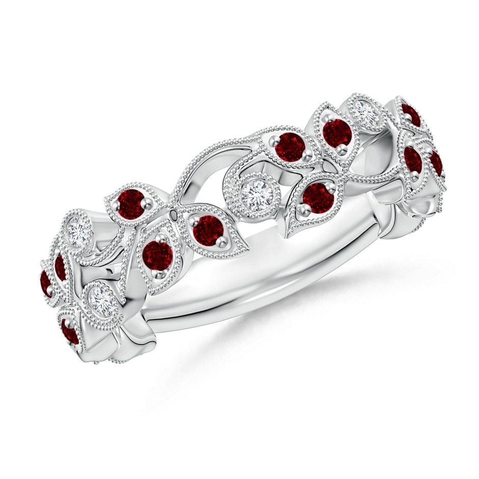 1.5mm AAAA Nature Inspired Round Ruby & Diamond Vine Band in White Gold 